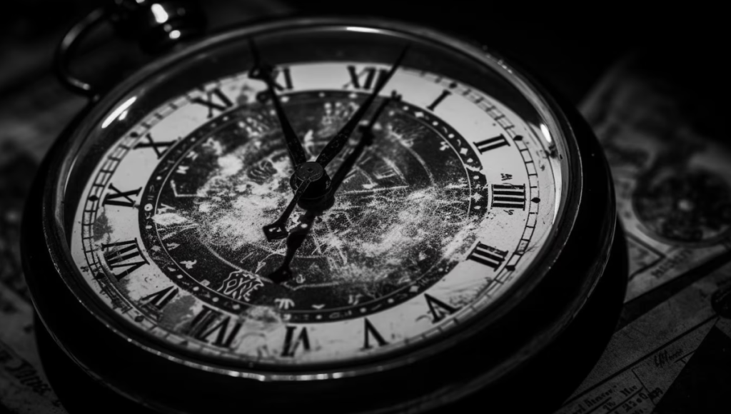 A vintage pocket watch with Roman numerals and a distressed face