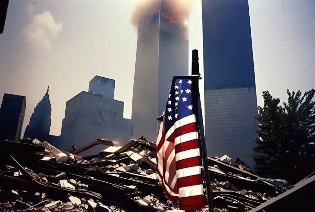 American flag against the remnants of destroyed buildings, the World Trade Center