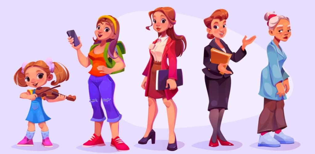 A progression of female characters from a young violinist to an elderly woman